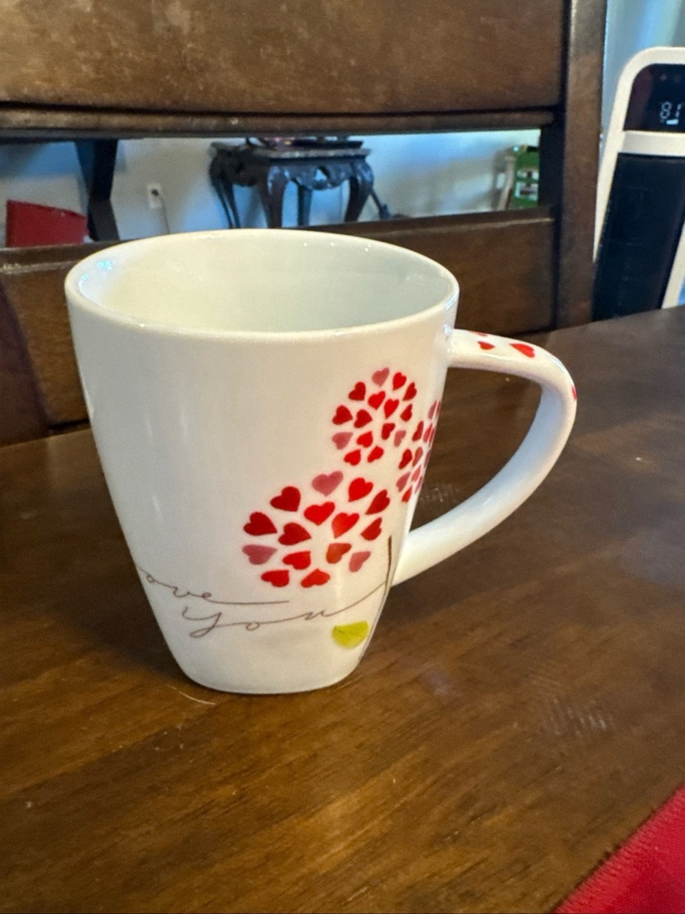White Ceramic Mug with Red Heart Tree Accent